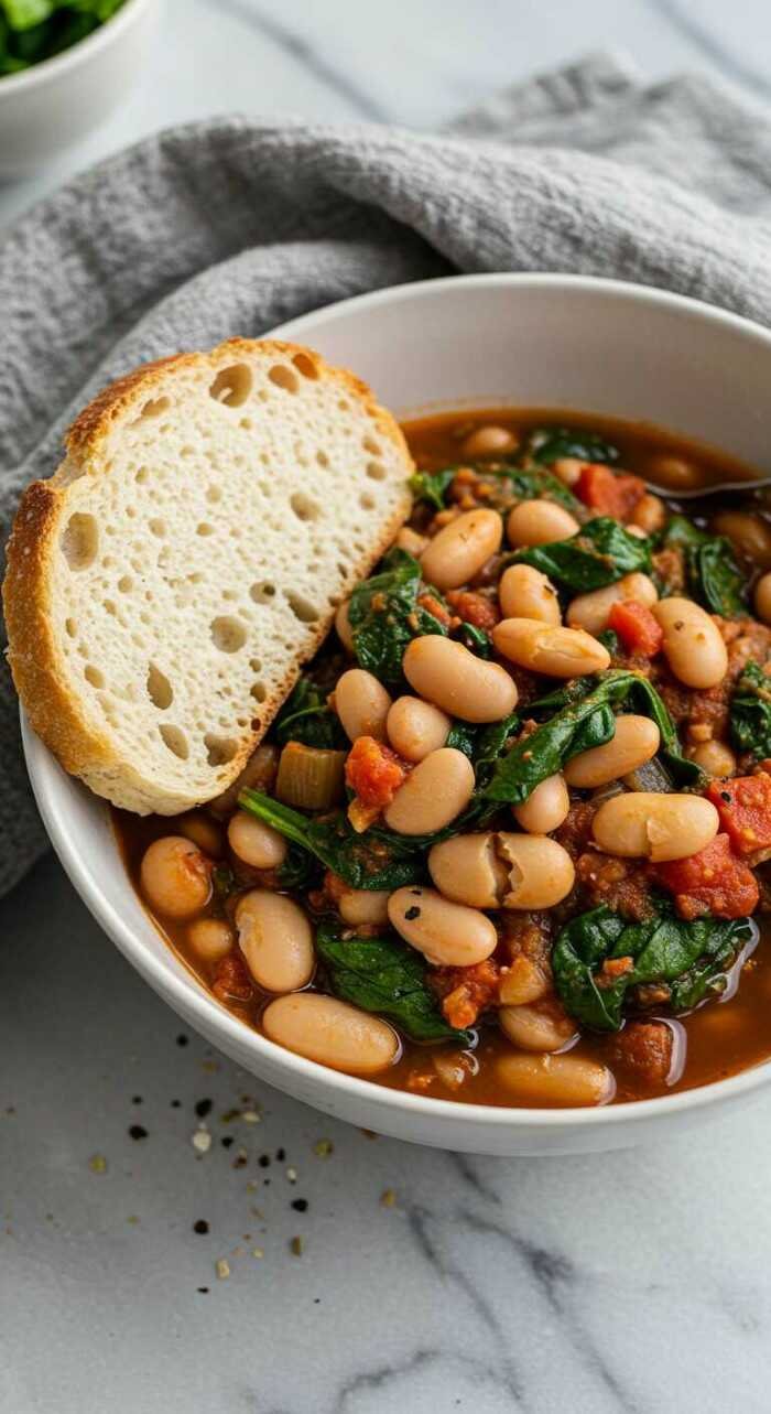 A bowl of bean stew with spinach and tomatoes, topped with a slice of crusty bread, placed on a gray cloth on marble. Cozy and hearty meal.