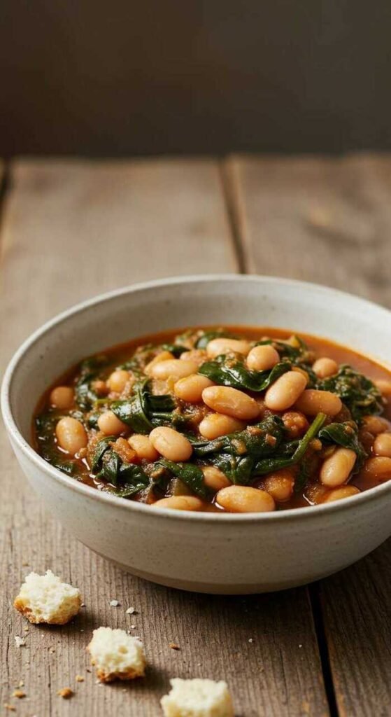 A rustic bowl of white bean and spinach stew sits on a wooden table, surrounded by scattered crumbs. The scene evokes warmth and comfort.
