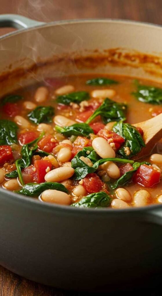 A steaming pot of hearty soup with white beans, fresh spinach, and diced tomatoes in a rich broth. A wooden spoon is gently stirring the ingredients.
