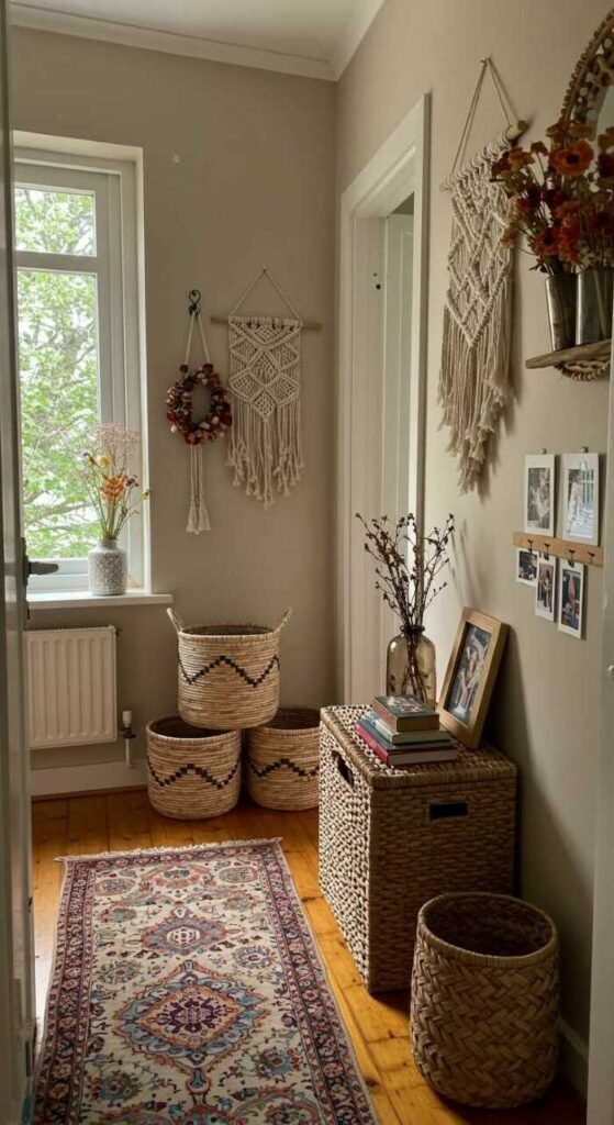 A bohemian hallway featuring woven baskets for storage, with a cozy atmosphere and natural decor.