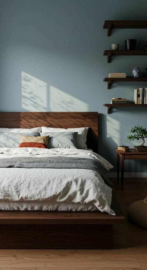A serene bedroom featuring Japanese elements with layered bedding, wooden furniture, and indoor plants.