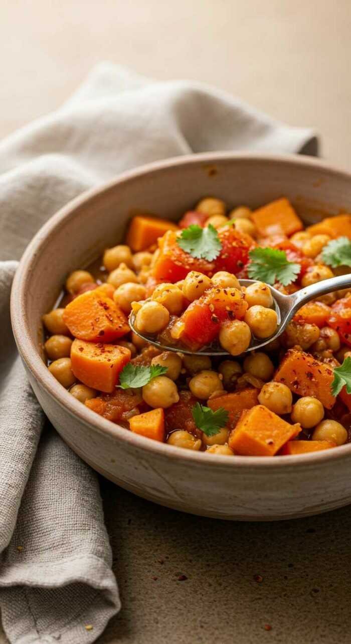 A bowl of vibrant chickpea stew with chunks of sweet potato, garnished with cilantro. A spoon scoops a portion, exuding warmth and heartiness.