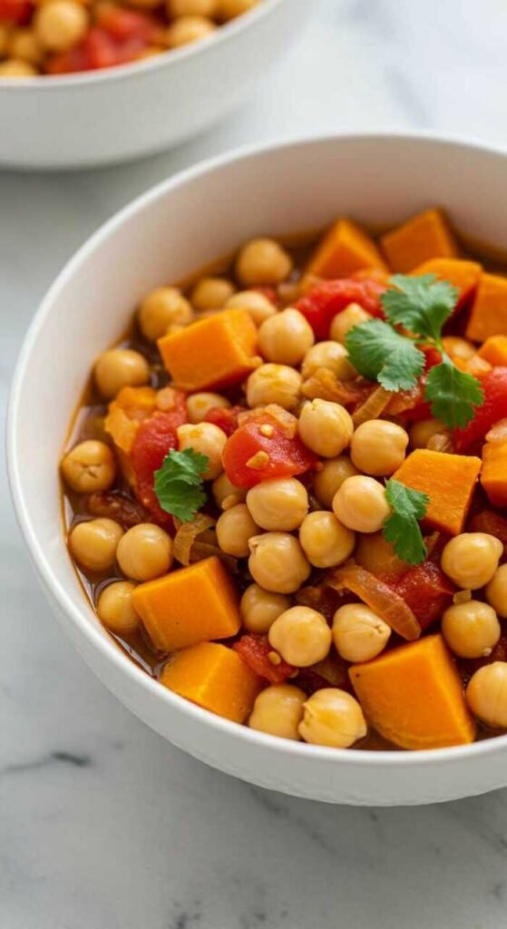 Bowl of vibrant chickpea stew with chunks of orange sweet potato, diced tomatoes, and fresh cilantro on top, creating a warm and hearty feel.