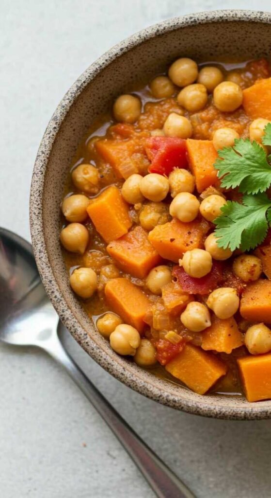 A rustic bowl of chickpea and sweet potato stew garnished with cilantro. The dish is vibrant with tomato pieces, conveying warmth and comfort. Spoon nearby.