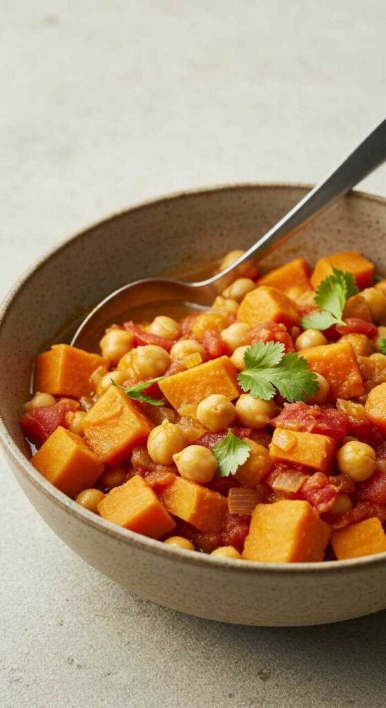 A bowl of vibrant chickpea stew with chunks of sweet potato and tomatoes, garnished with cilantro. A spoon rests inside, ready to serve. Warm and inviting.