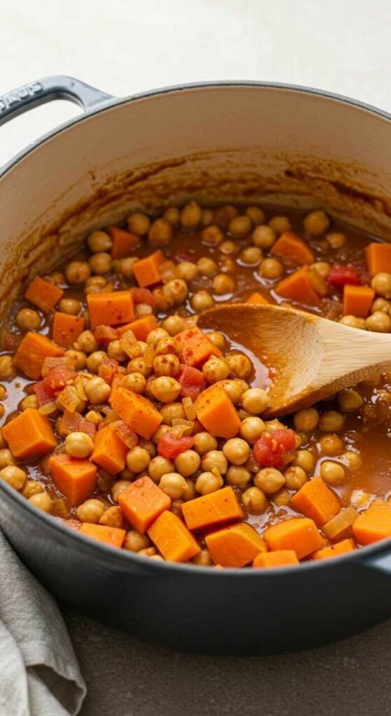 A pot filled with a vibrant chickpea and sweet potato stew, featuring chunks of tomato and spices. A wooden spoon rests inside, conveying warmth and coziness.