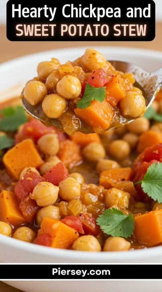 A spoonful of hearty chickpea and sweet potato stew with vibrant red tomatoes and cilantro garnish. Bold text reads: "Hearty Chickpea and Sweet Potato Stew."