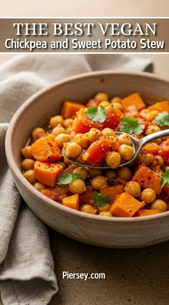 A bowl of vegan chickpea and sweet potato stew garnished with cilantro, showcasing vibrant colors. Text reads "The Best Vegan Chickpea and Sweet Potato Stew."