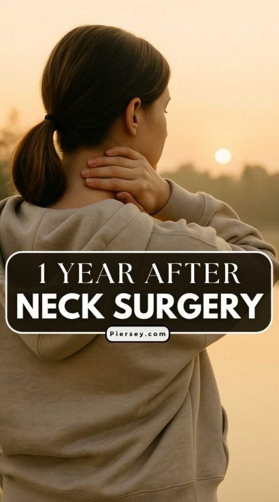 A woman, standing outdoors at sunset, gently touches her neck. Overlay text reads, "1 Year After Neck Surgery." The scene is calm and introspective.