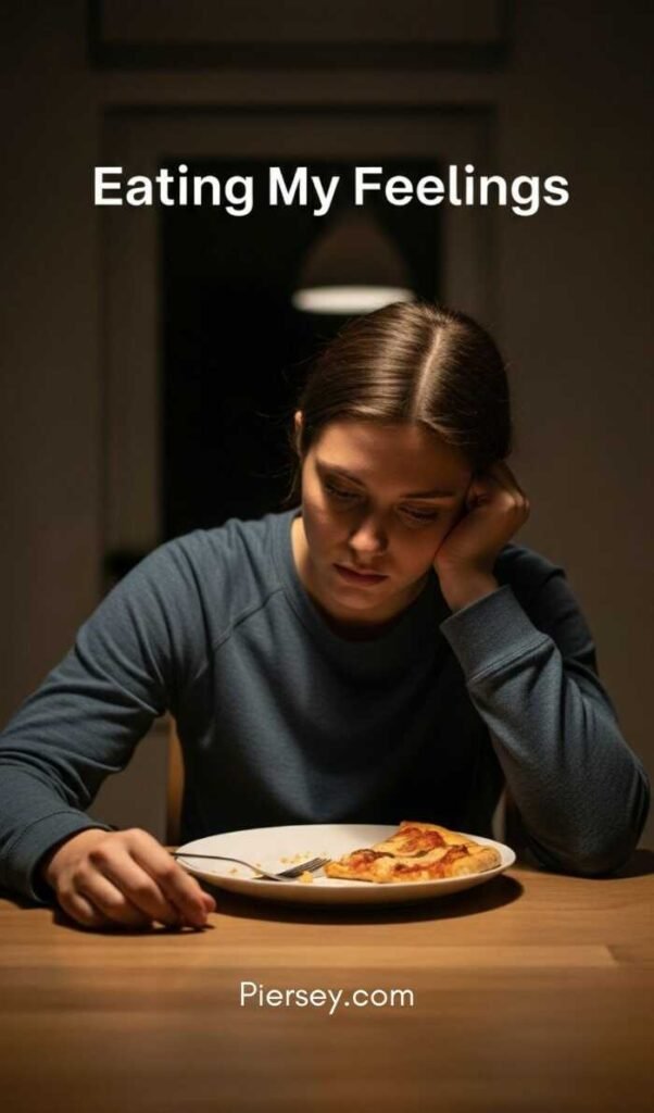 A person looking down at a plate with pizza, appearing pensive or sad, in a dimly lit room. Text reads "Eating My Feelings." Mood is reflective.