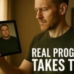 Why Diets Don’t Work (and What Actually Does) A man in a dimly lit room looks thoughtfully at a framed photo of his past self. Text beside him reads “Real Progress Takes Time,” conveying reflection and growth.