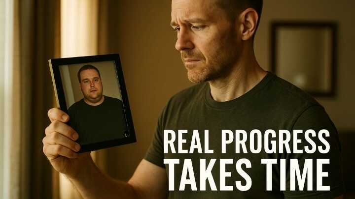 A man in a dimly lit room looks thoughtfully at a framed photo of his past self. Text beside him reads “Real Progress Takes Time,” conveying reflection and growth.