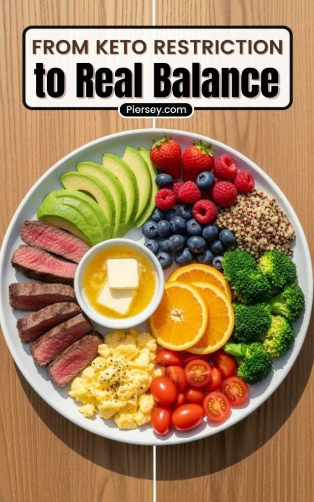A plate divided into two food sections: one with steak, eggs, and butter, the other with avocado, fruit, quinoa, and broccoli. Text reads "From Keto Restriction to Real Balance."