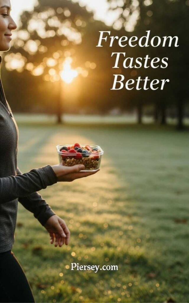 A person in a park holds a container of fruit, oats, and granola at sunrise. Text reads "Freedom Tastes Better." The mood is serene and refreshing.