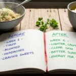 6 Weeks on the Rice Diet – What Really Happened (Plateau + Progress) Open notebook on a wooden table with "Before" and "After" lists. Nearby are a bowl of food and a cup of tea with lemon, suggesting a diet change.