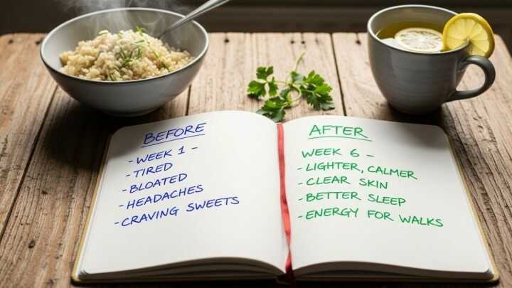 Open notebook on a wooden table with "Before" and "After" lists. Nearby are a bowl of food and a cup of tea with lemon, suggesting a diet change.