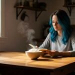 What Really Happens When You Eat Rice Every Day A woman with blue hair sits at a wooden kitchen table, enjoying a book. A steaming bowl of noodles is in front of her, creating a cozy, relaxed atmosphere.