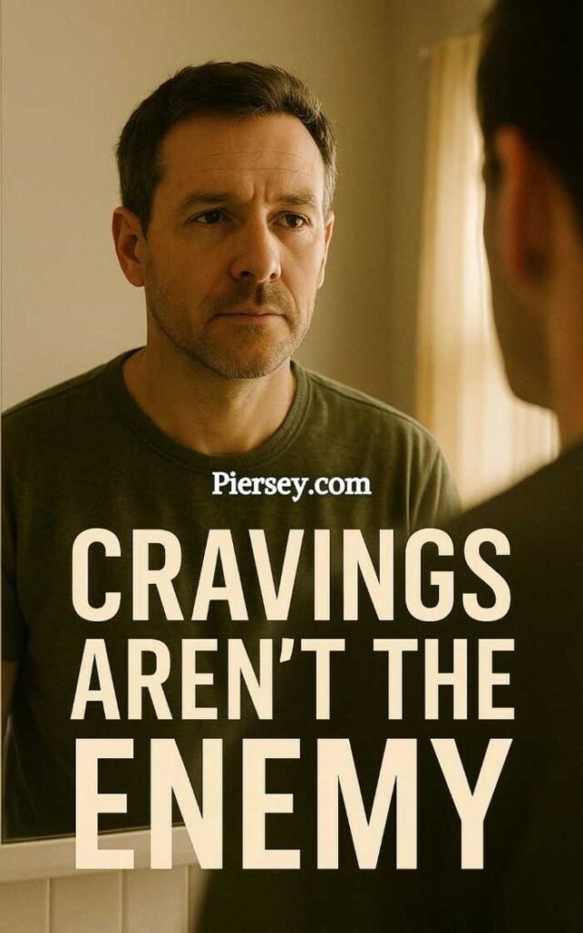A man gazes at himself in a mirror, conveying reflection and self-awareness. Text overlaid reads, "Cravings aren't the enemy." The mood is contemplative.