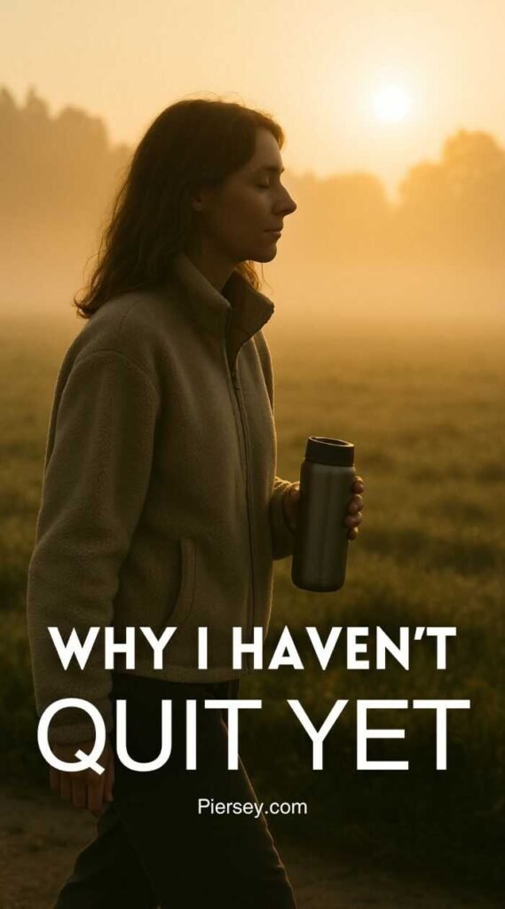 A woman walks through a misty field at sunrise, holding a thermos. The text "Why I Haven't Quit Yet" overlays the image, suggesting resilience and contemplation.