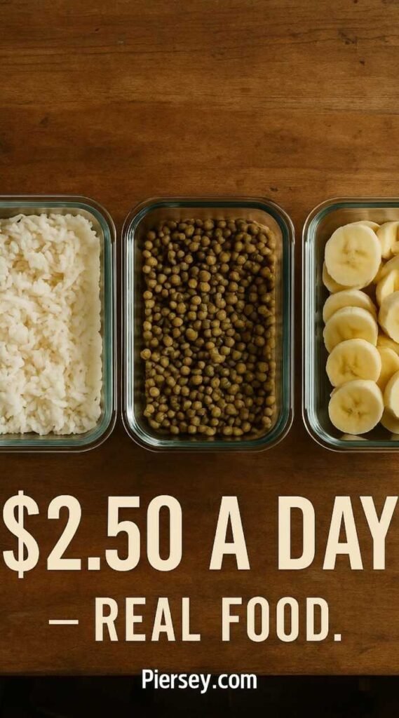 Three glass containers sit on a wooden table: one with rice, one with peas, and one with banana slices. Text reads "$2.50 a day — Real Food."