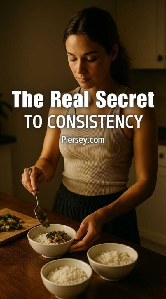 A woman in a kitchen carefully adds a topping to rice bowls with a spoon. Text reads "The Real Secret to Consistency." Warm lighting creates a cozy feel.