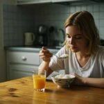 How I’m Losing 100 Pounds Eating Rice, Fruit, and Carbs A woman sits at a wooden kitchen table, eating cereal from a bowl. A glass of orange juice is beside her. The room is softly lit, creating a calm atmosphere.