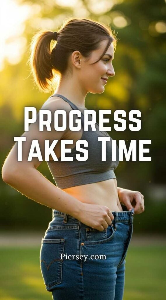 A woman in a gray sports bra smiles while holding loose jeans, highlighting weight loss. The text "Progress Takes Time" overlays the sunny background.