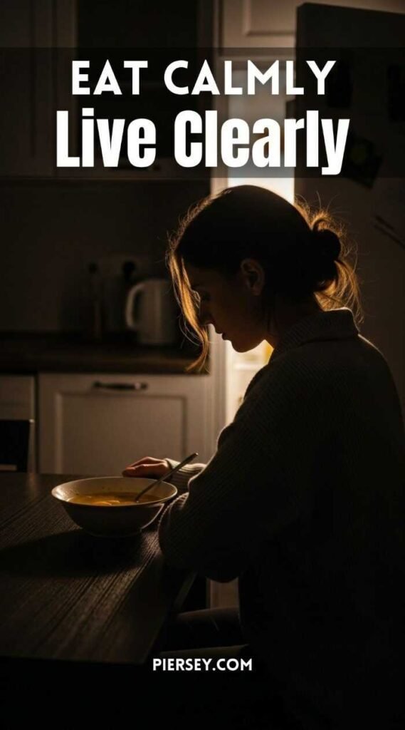 Silhouette of a woman sitting at a table, eating soup in a dimly lit kitchen. Text reads "Eat Calmly, Live Clearly." Warm, contemplative mood.