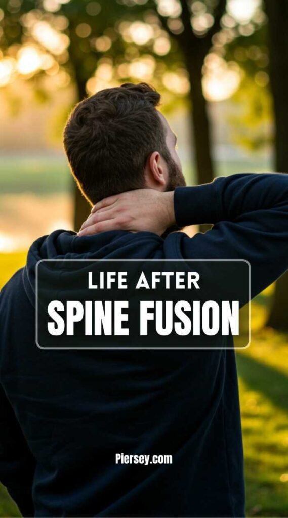 Man in a park wearing a dark hoodie holds his neck, gazing at the sunset. Text reads "Life After Spine Fusion" and "Piersey.com." Reflective mood.