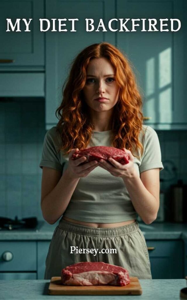 A woman with red hair looks frustrated, holding raw meat in a kitchen. Text above reads "My Diet Backfired," adding humor to the scene.
