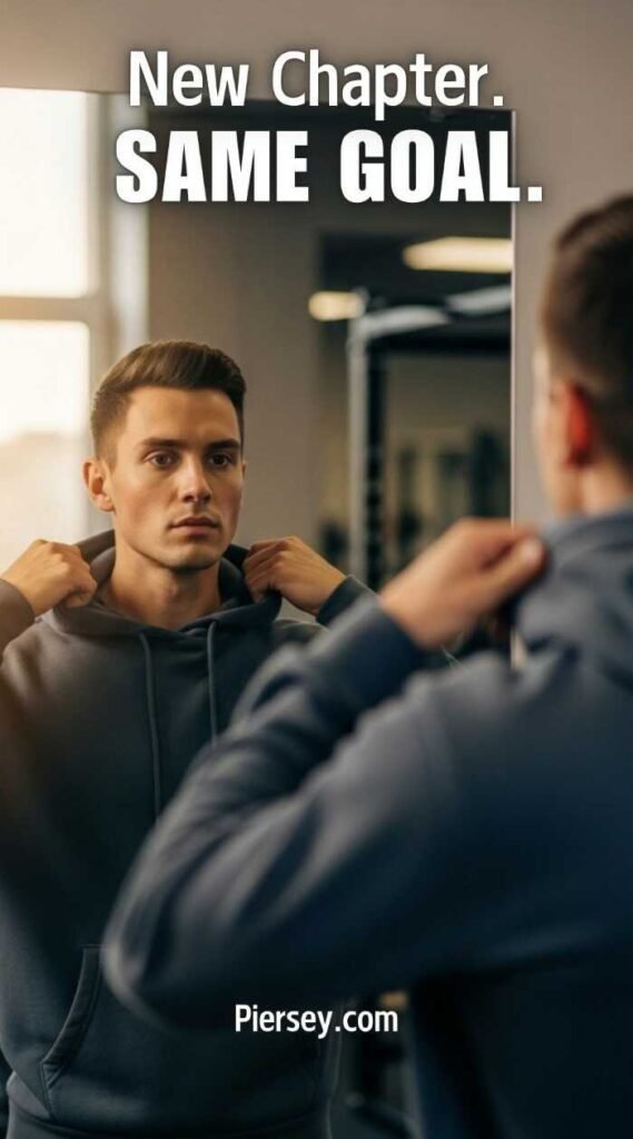 A focused man in a hoodie looks at himself in the mirror, adjusting the hood. Text reads "New Chapter. SAME GOAL." The setting is a gym, reflecting determination.