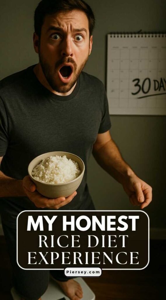Man with an astonished expression holds a bowl of rice while standing on a scale. A calendar with "30 Days" is visible on the wall behind him.