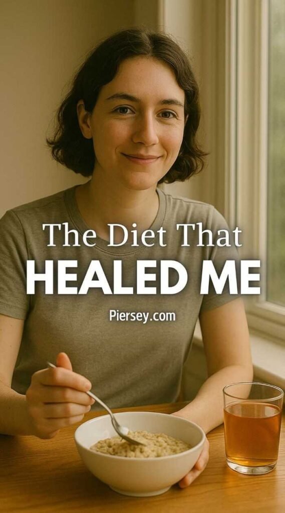Young adult with short dark hair smiles while holding a spoon over a bowl of cereal. A glass of juice is beside them. Text reads: "The Diet That Healed Me."