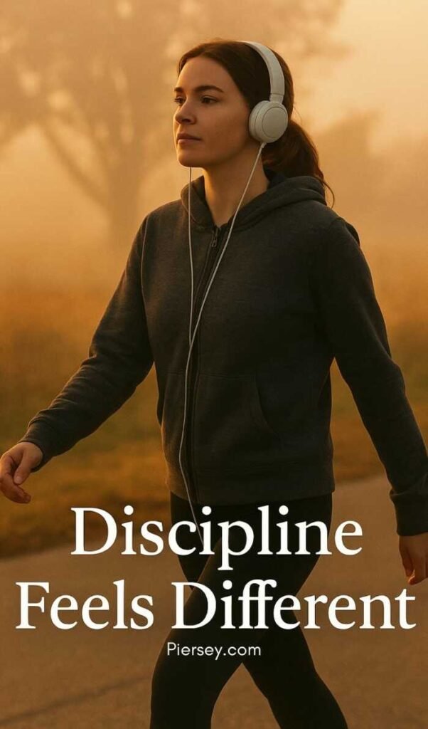 A woman in a hoodie and headphones walks confidently on a misty path at sunrise. Text overlay reads, "Discipline Feels Different." Calm and focused mood.