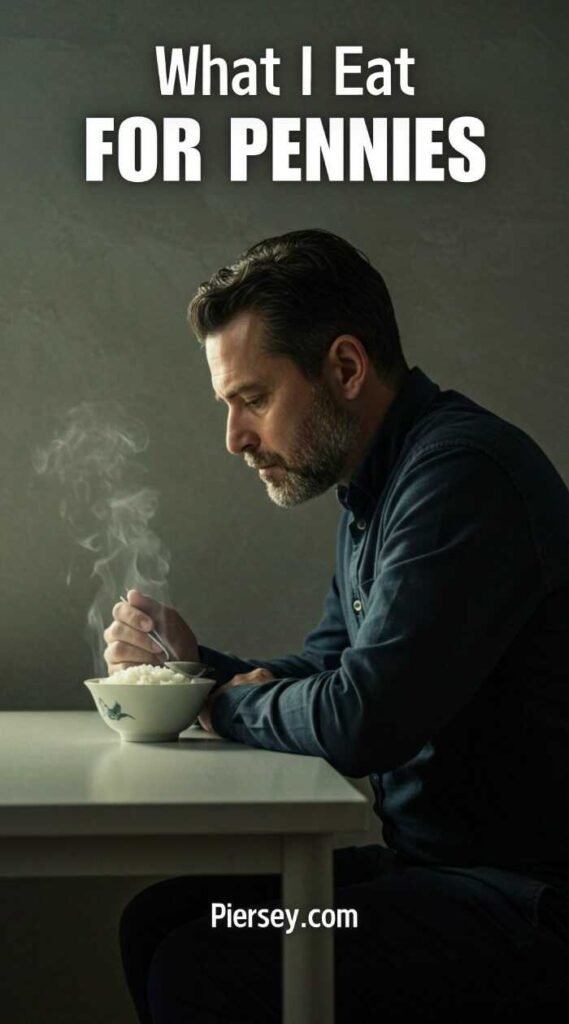 A man sits at a table, focused on a steaming bowl of food. Text above reads "What I Eat for Pennies." The mood is contemplative and frugal.