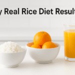 1 Month on the Rice Diet (19 Pounds Down!) A minimalist image shows a bowl of white rice, a bowl of oranges, and a glass of orange juice on a white table with text reading "My Real Rice Diet Results."