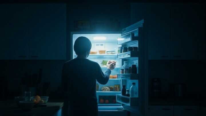 A person silhouetted by a bright open fridge light in a dark kitchen, reaching for food on the shelves, creating a calm, late-night atmosphere.