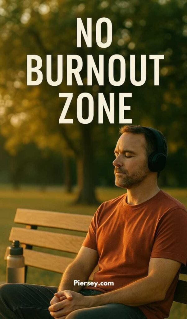 A man sits calmly on a park bench wearing headphones. Text says "No Burnout Zone." The scene conveys relaxation and peace, with trees in the background.