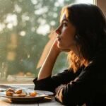 Rice vs Potatoes: The Shocking Difference I Felt in 3 Days A woman gazes thoughtfully out a sunlit window, resting her chin on her hand. A plate of food and a glass of water sit on the table, adding a contemplative tone.