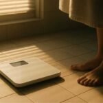 Losing Weight Is Easy—Keeping It Off Is Brutal A person in a towel stands on a sunlit bathroom floor, gazing at a digital scale. Warm light and soft shadows create a calm, contemplative atmosphere.