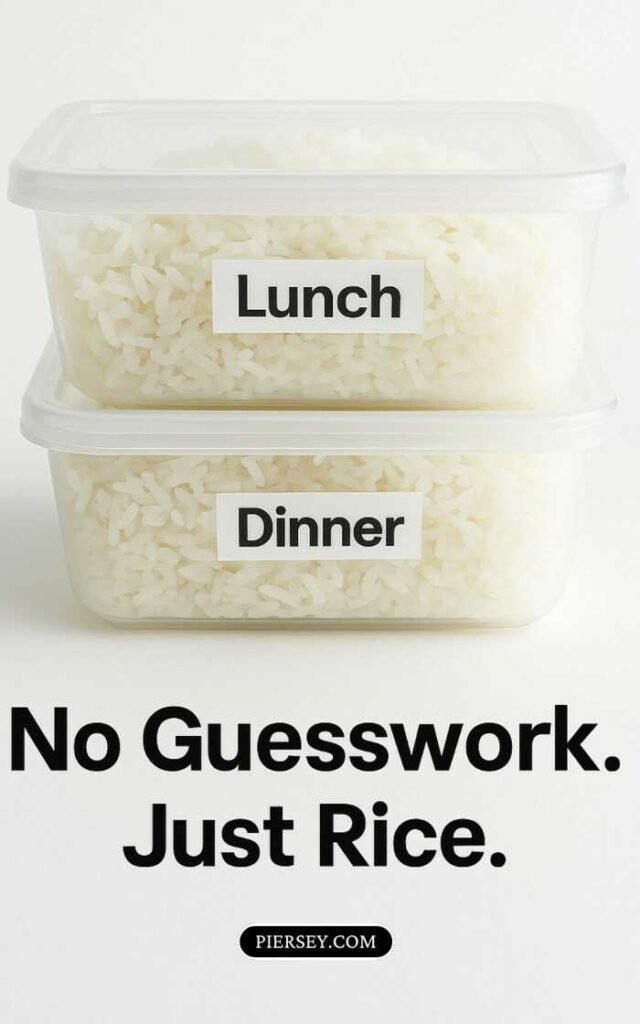 Two stacked containers labeled "Lunch" and "Dinner," each filled with white rice. Text below reads, "No Guesswork. Just Rice." Simple and straightforward tone.