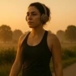 Stuck on a High-Carb Plateau? Here’s How I Fixed Mine Woman in a black tank top and headphones walks on a sunlit path at sunrise, with a serene expression. Trees and misty fields are in the background.