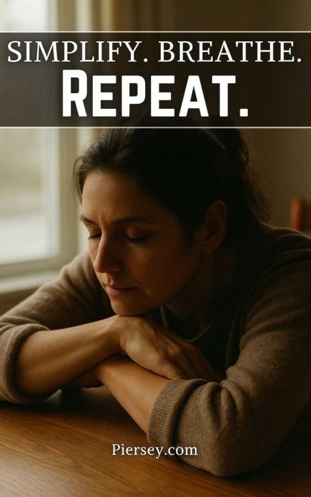 Woman with head on folded arms on a table, eyes closed, under text "SIMPLIFY. BREATHE. REPEAT." The mood is calm and introspective.
