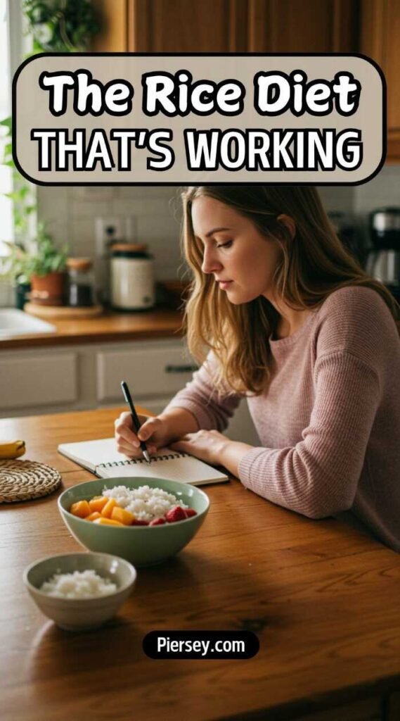 Young woman in a cozy kitchen writes in a notebook, surrounded by a bowl of fresh fruit and rice. Text overlay reads, "The Rice Diet That's Working."