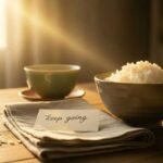 The Secret to Staying on the Rice Diet Without Burning Out A sunlit wooden table with a bowl of rice and a cup beside a note saying "keep going" on a napkin, conveying a warm, motivational tone.