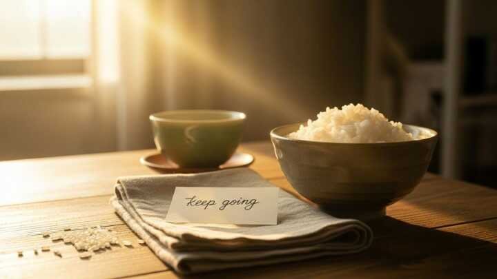 A sunlit wooden table with a bowl of rice and a cup beside a note saying "keep going" on a napkin, conveying a warm, motivational tone.