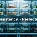 The 7 Rules Helping Me Lose 100 Pounds (Without Burning Out) Alt text: "Neatly organized fridge with labeled containers for breakfast, lunch, and dinner. Text reads 'Consistency > Perfection.' Bright, tidy ambiance."