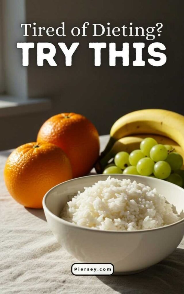 A bowl of cooked rice is in the foreground, with oranges, bananas, and grapes behind it, in sunlight. Text reads "Tired of Dieting? Try This." Tone is inviting.