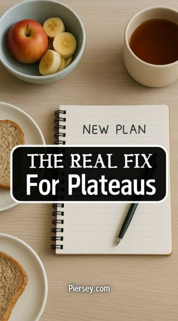 A notebook labeled "New Plan" sits on a table with a pen. Nearby, there's toast, a bowl with an apple and banana slices, and a cup of coffee. The text overlay reads, "The Real Fix For Plateaus." The scene conveys planning and healthy lifestyle themes.
