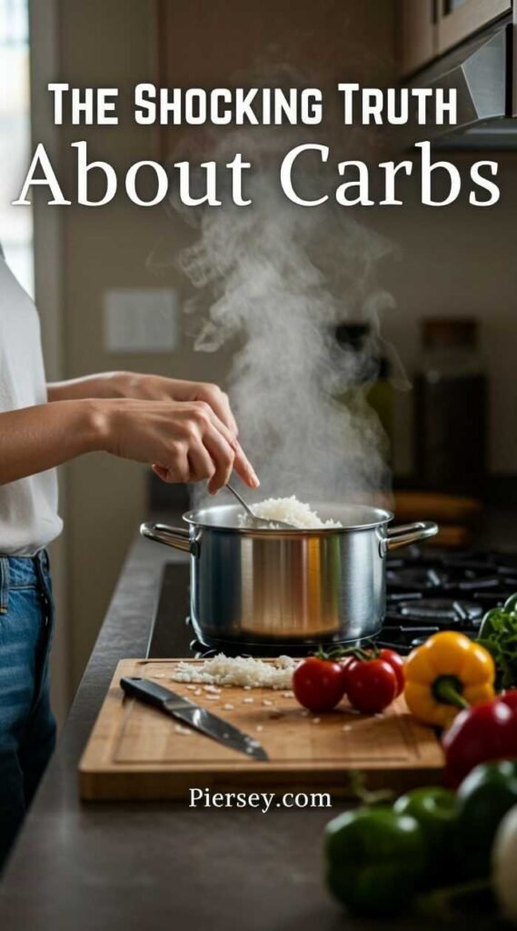 A person stirs rice in a steaming pot on a kitchen stove. Fresh vegetables are on a cutting board. Text overlay: "The Shocking Truth About Carbs."